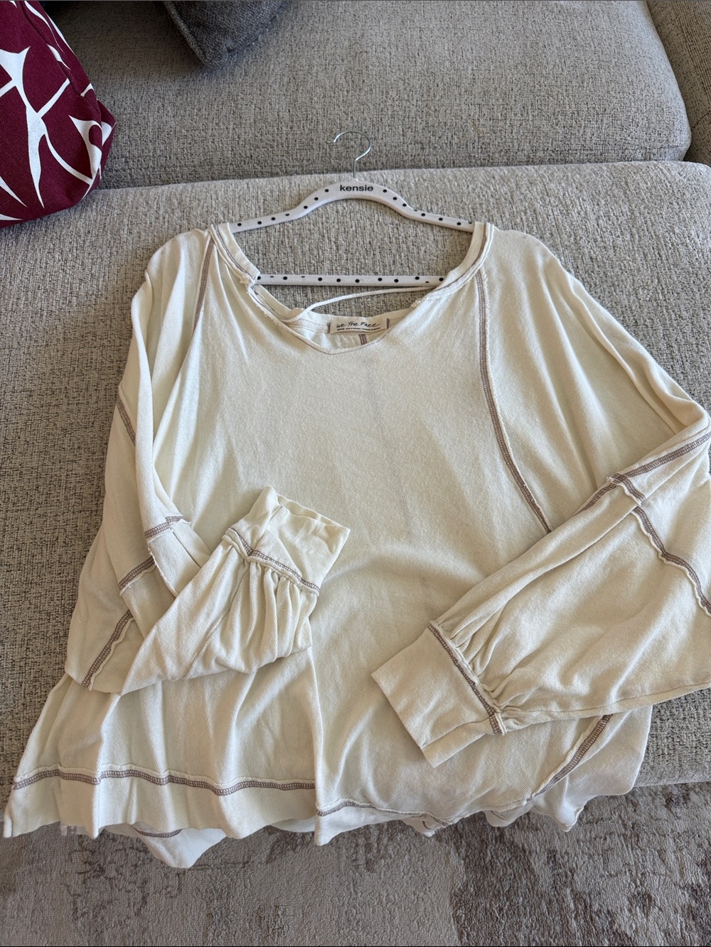 Free People Cream Relaxed Long Sleeve Top with Contrast Seams-NWOT